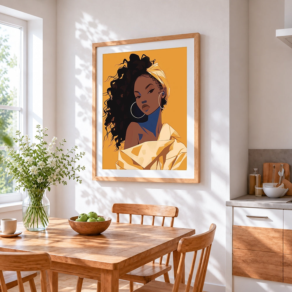 Woman in yellow headwrap cross stitch artwork displayed on wall as home decor