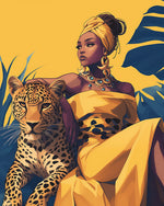 Woman in yellow with leopard cross stitch kit for beginners