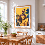 Woman in yellow with leopard cross stitch artwork displayed on wall as home decor