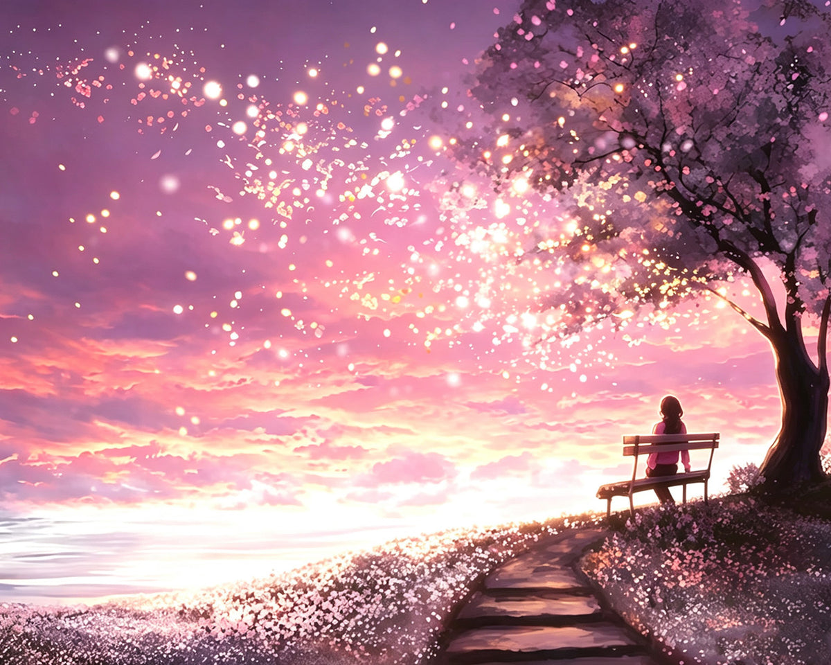 Woman on a bench under cherry blossoms cross stitch kit for beginners