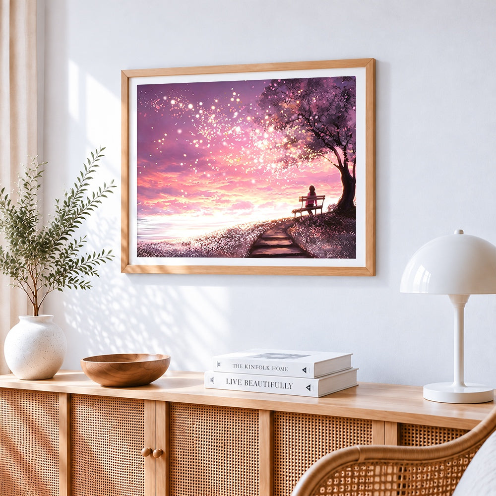 Woman on a bench under cherry blossoms cross stitch artwork displayed on wall as home decor