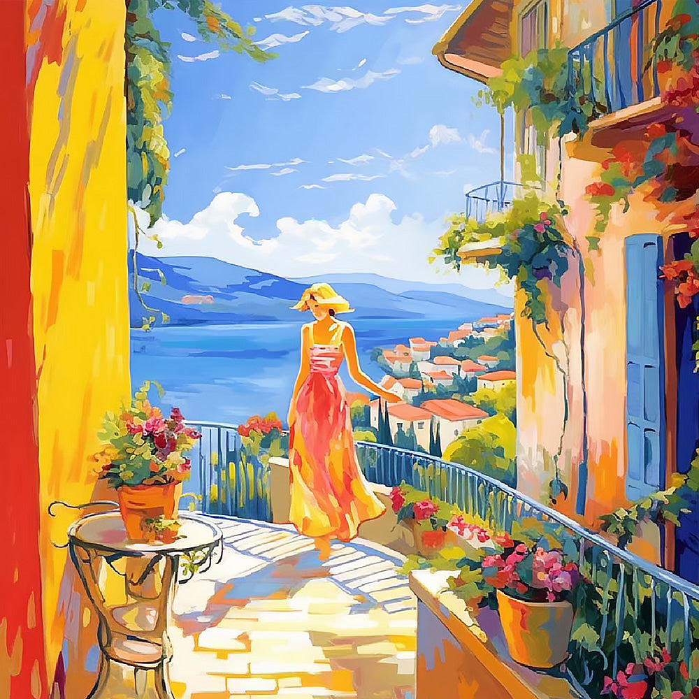 Woman on a mediterranean balcony cross stitch kit for beginners