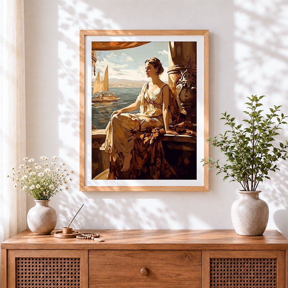 Finished woman on balcony by the sea cross stitch artwork displayed