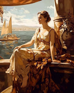 Woman on balcony by the sea cross stitch kit for beginners
