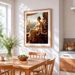 Woman on balcony by the sea cross stitch artwork displayed on wall as home decor