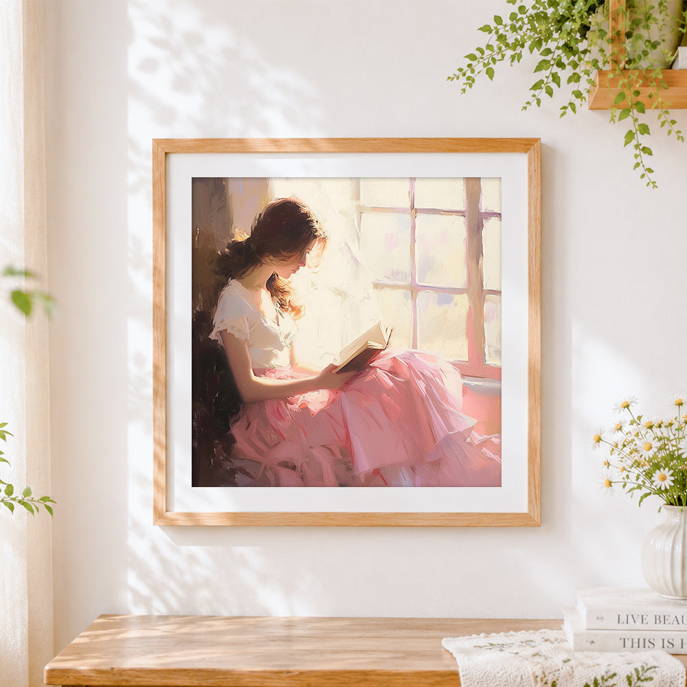 Finished woman reading by the window cross stitch artwork displayed