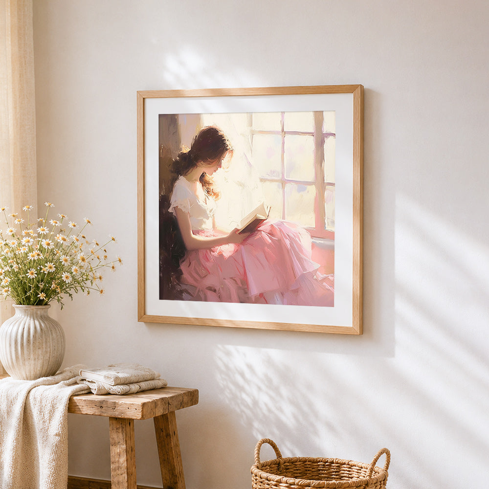 Woman reading by the window cross stitch artwork displayed on wall as home decor