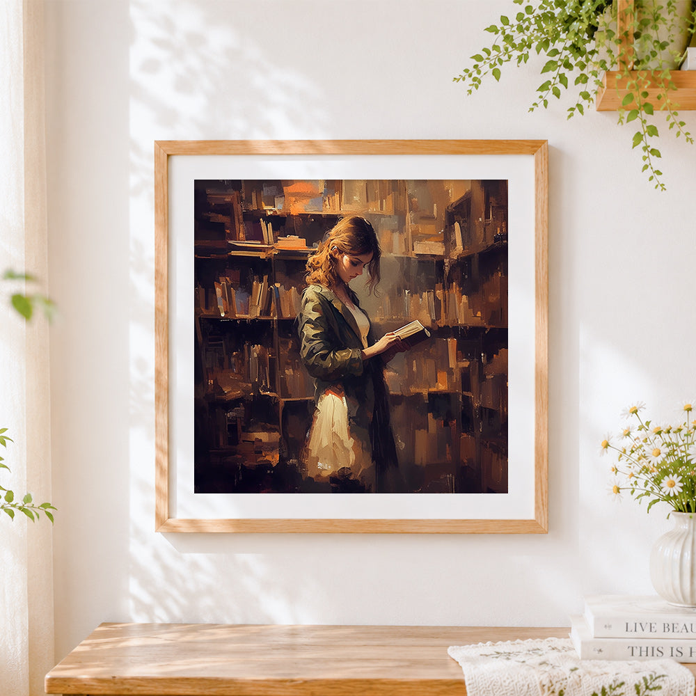 Finished woman reading in a library cross stitch artwork displayed