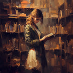 Woman reading in a library cross stitch kit for beginners