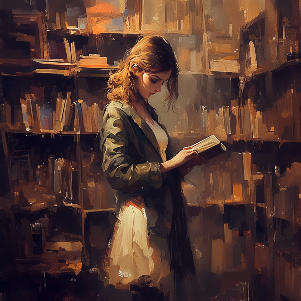 Woman reading in a library cross stitch kit for beginners