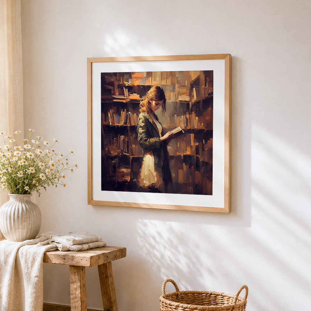 Woman reading in a library cross stitch artwork displayed on wall as home decor