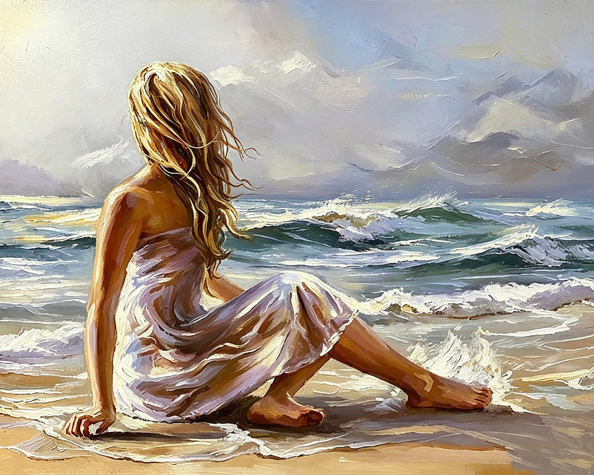 Woman sitting by the sea cross stitch kit for beginners