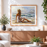 Finished woman sitting by the sea paint by numbers artwork displayed as home decor