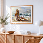Woman sitting by the sea paint by numbers artwork displayed on wall as home decor