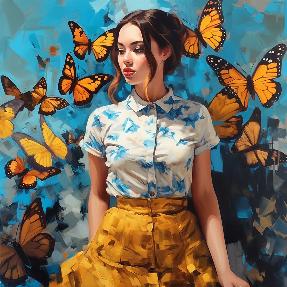 Woman surrounded by yellow butterflies cross stitch kit for beginners