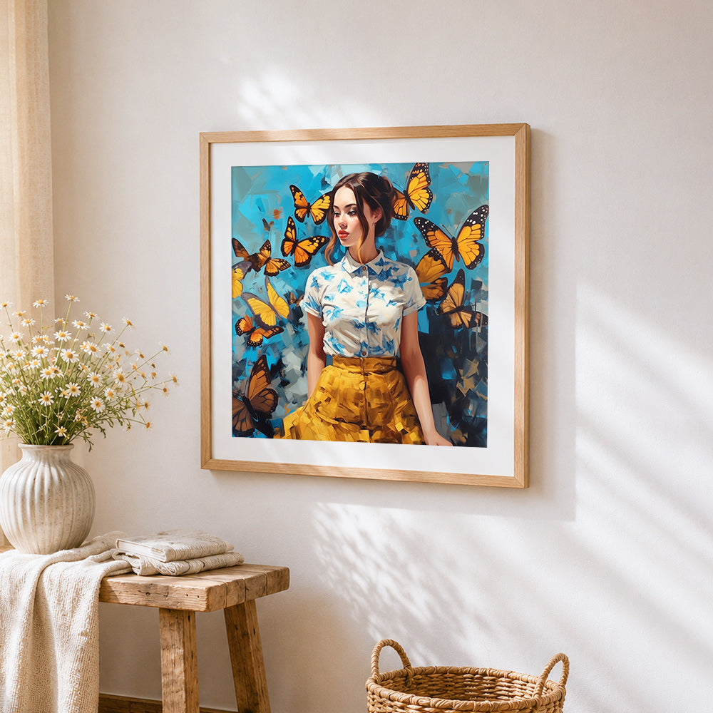 Woman surrounded by yellow butterflies cross stitch artwork displayed on wall as home decor