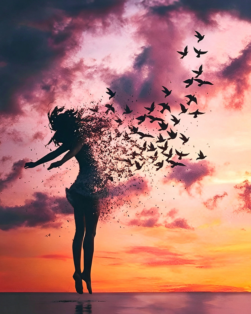Woman turning into birds at sunset cross stitch kit for beginners