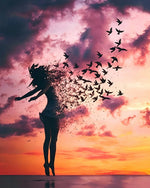 Woman turning into birds at sunset paint by numbers kit for beginners