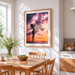 Woman turning into birds at sunset paint by numbers artwork displayed on wall as home decor