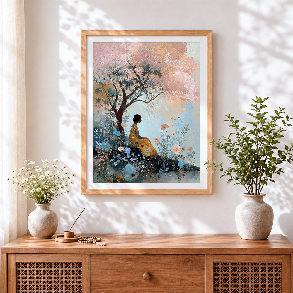 Finished woman under blossom tree cross stitch artwork displayed