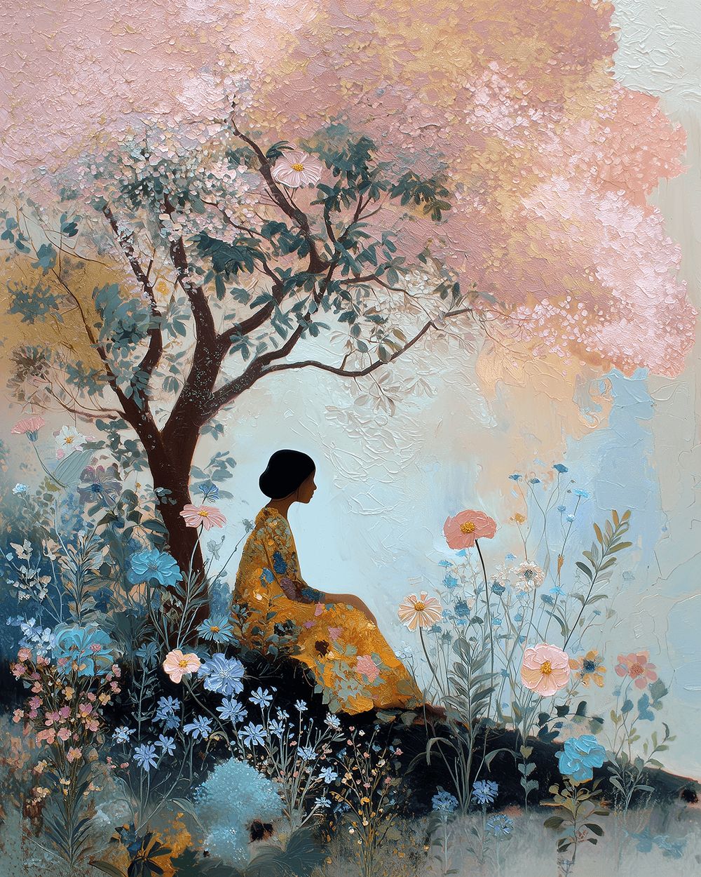 Woman under blossom tree cross stitch kit for beginners