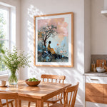 Woman under blossom tree cross stitch artwork displayed on wall as home decor