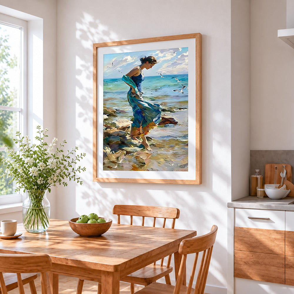 Woman walking on the rocks cross stitch artwork displayed on wall as home decor
