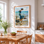 Woman walking on the rocks cross stitch artwork displayed on wall as home decor