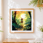 Finished woman walking towards light cross stitch artwork displayed