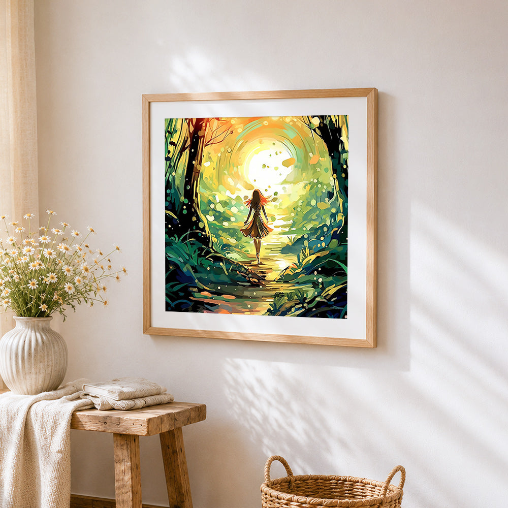 Woman walking towards light cross stitch artwork displayed on wall as home decor