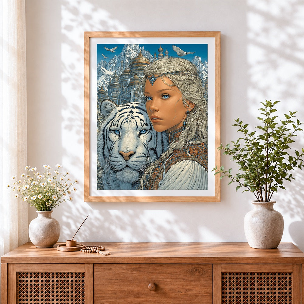 Finished woman, white tiger and snowy castle cross stitch artwork displayed