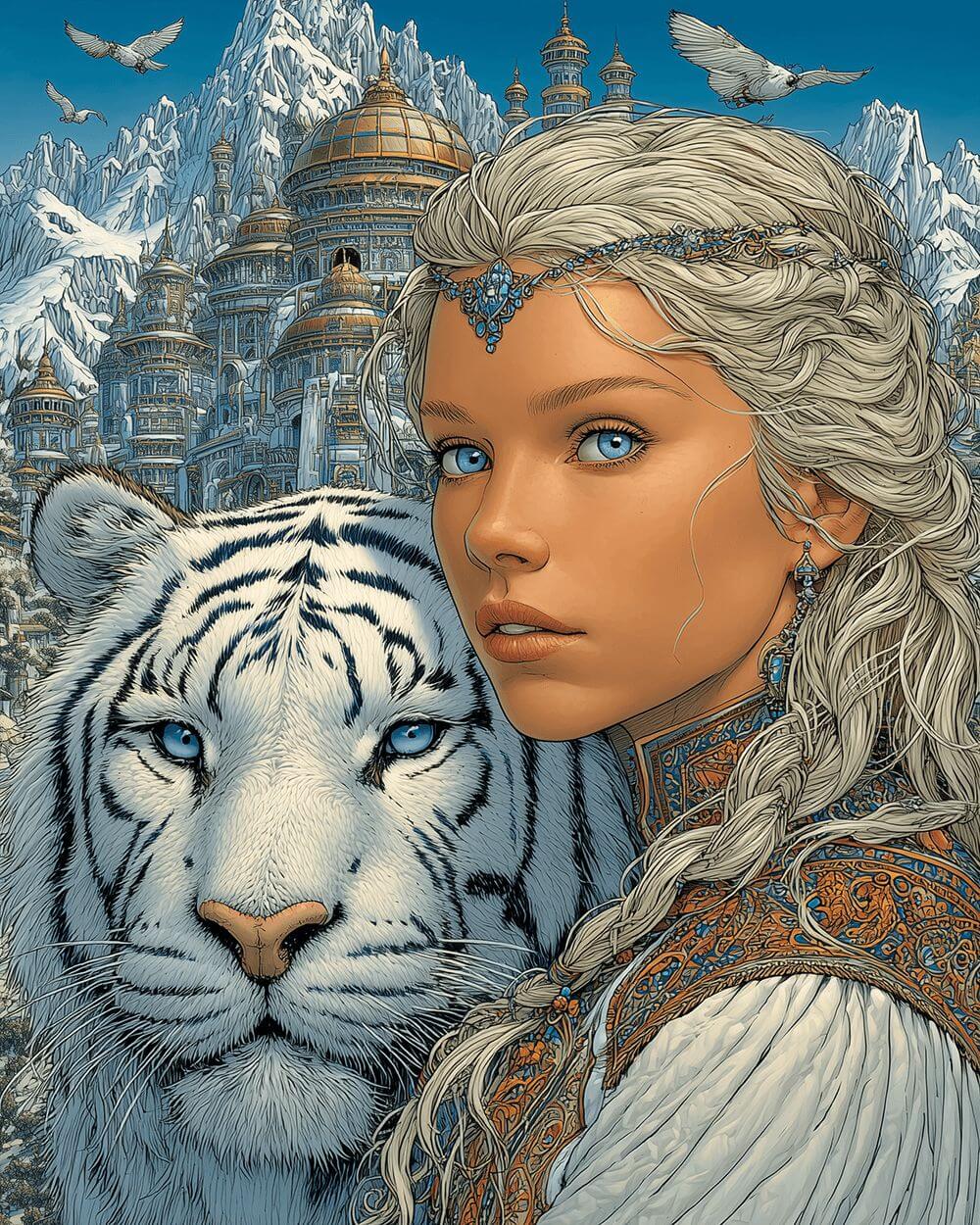 Woman, white tiger and snowy castle cross stitch kit for beginners