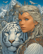 Woman, white tiger and snowy castle cross stitch kit for beginners