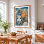 Woman, white tiger and snowy castle cross stitch artwork displayed on wall as home decor
