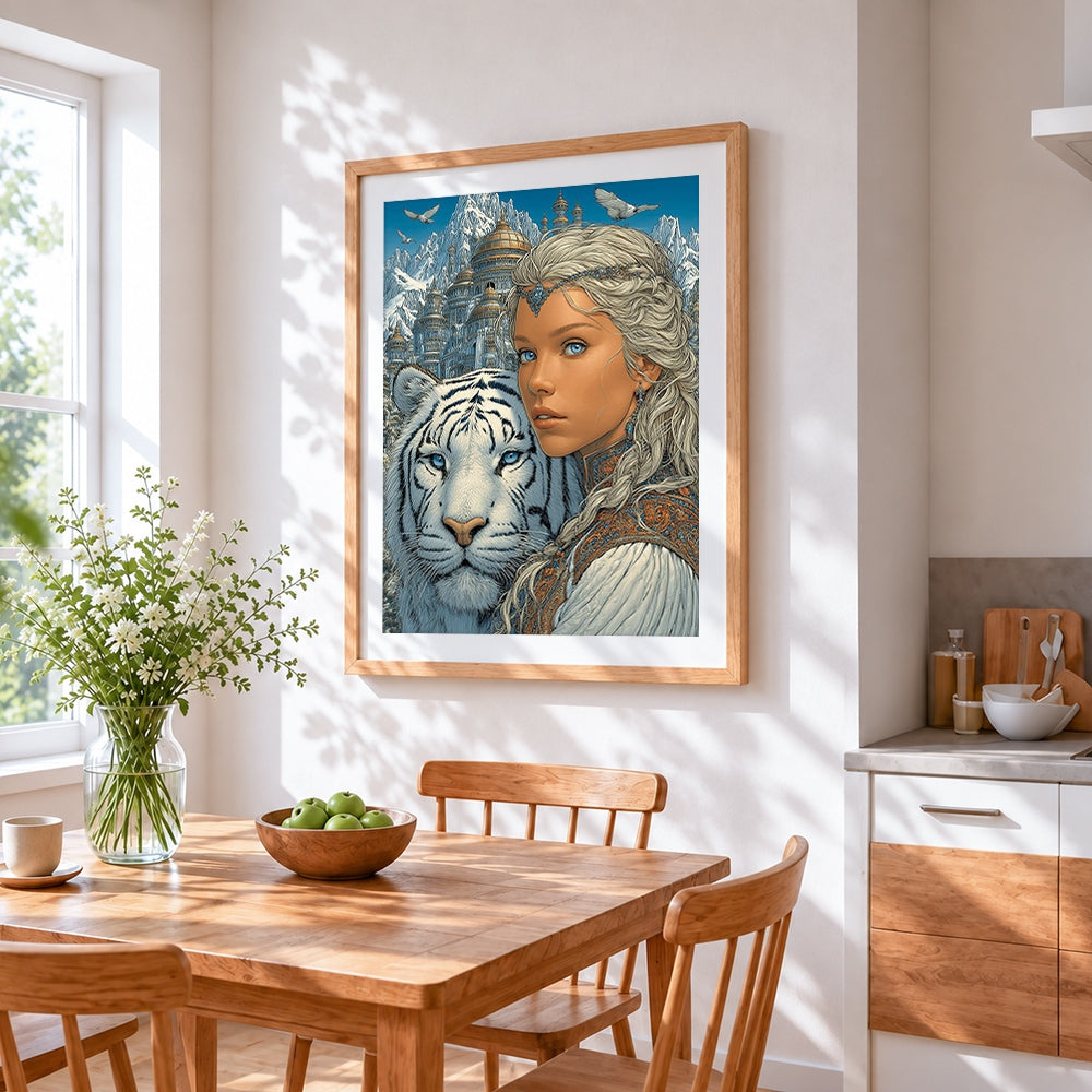 Woman, white tiger and snowy castle cross stitch artwork displayed on wall as home decor