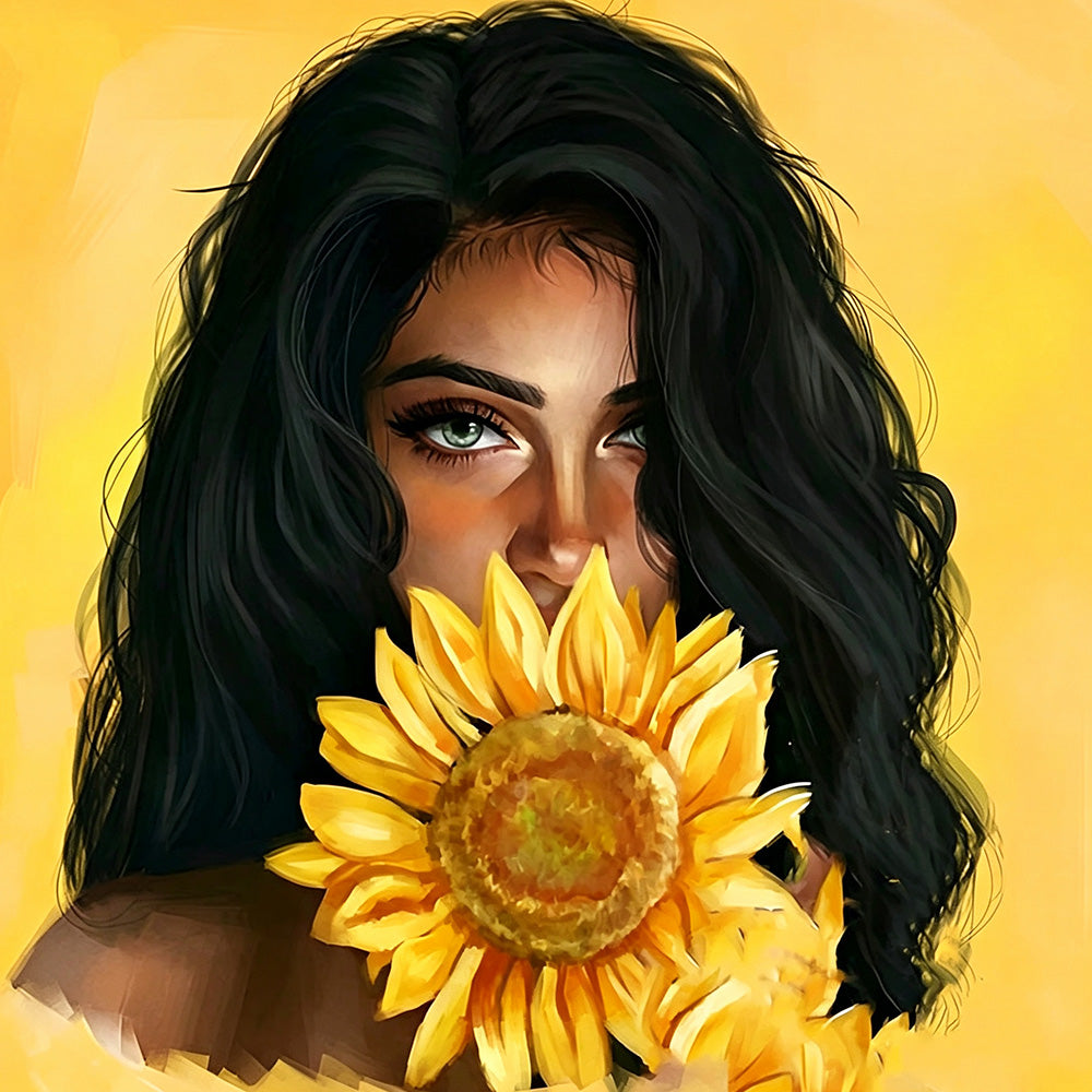 Woman with a sunflower cross stitch kit for beginners