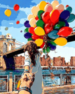 Woman with balloons at brooklyn bridge cross stitch kit for beginners