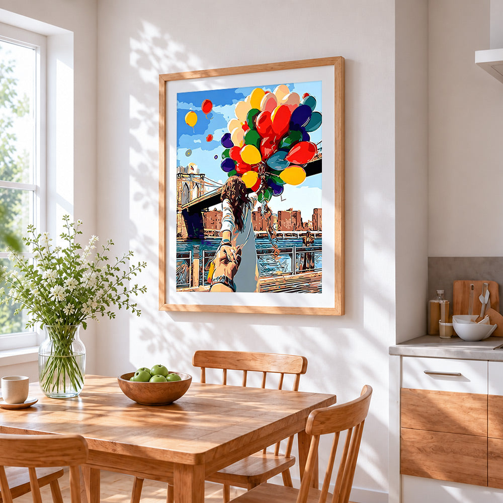 Woman with balloons at brooklyn bridge cross stitch artwork displayed on wall as home decor