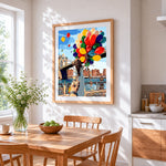 Woman with balloons at brooklyn bridge cross stitch artwork displayed on wall as home decor