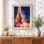 Finished woman with balloons at the eiffel tower paint by numbers artwork displayed as home decor