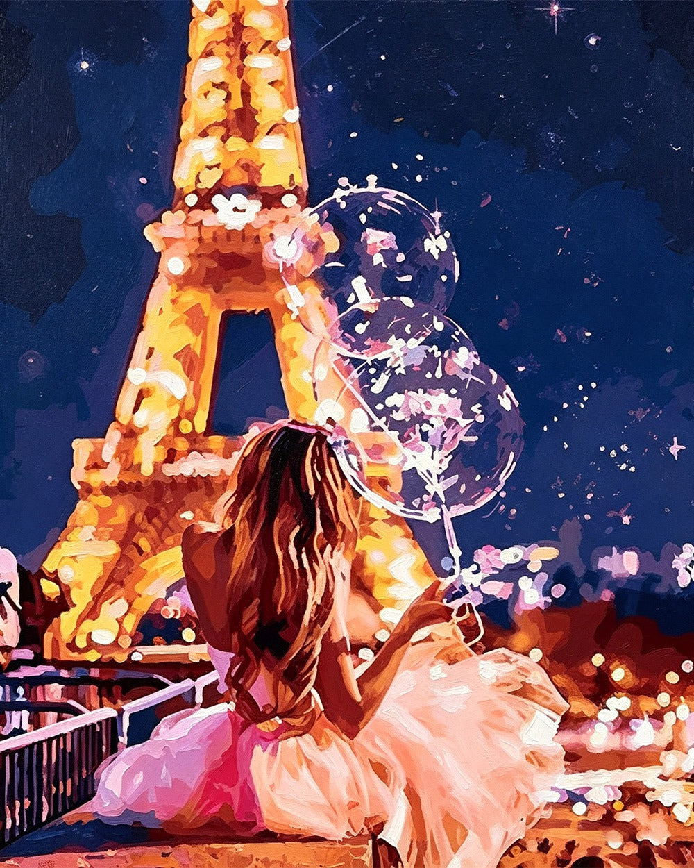 Woman with balloons at the eiffel tower paint by numbers kit for beginners