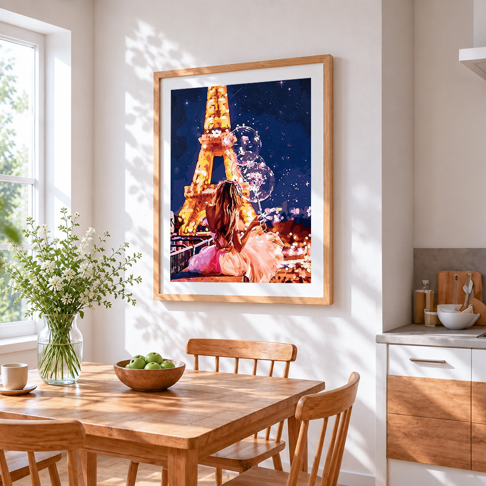 Woman with balloons at the eiffel tower paint by numbers artwork displayed on wall as home decor