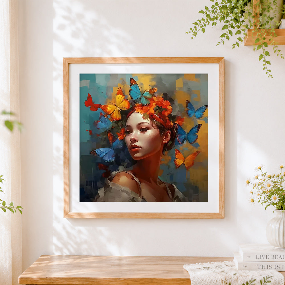 Finished woman with butterflies and flowers in hair cross stitch artwork displayed