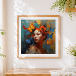 Finished woman with butterflies and flowers in hair cross stitch artwork displayed