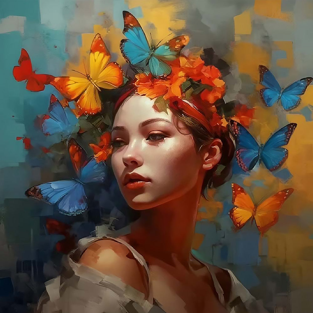 Woman with butterflies and flowers in hair cross stitch kit for beginners