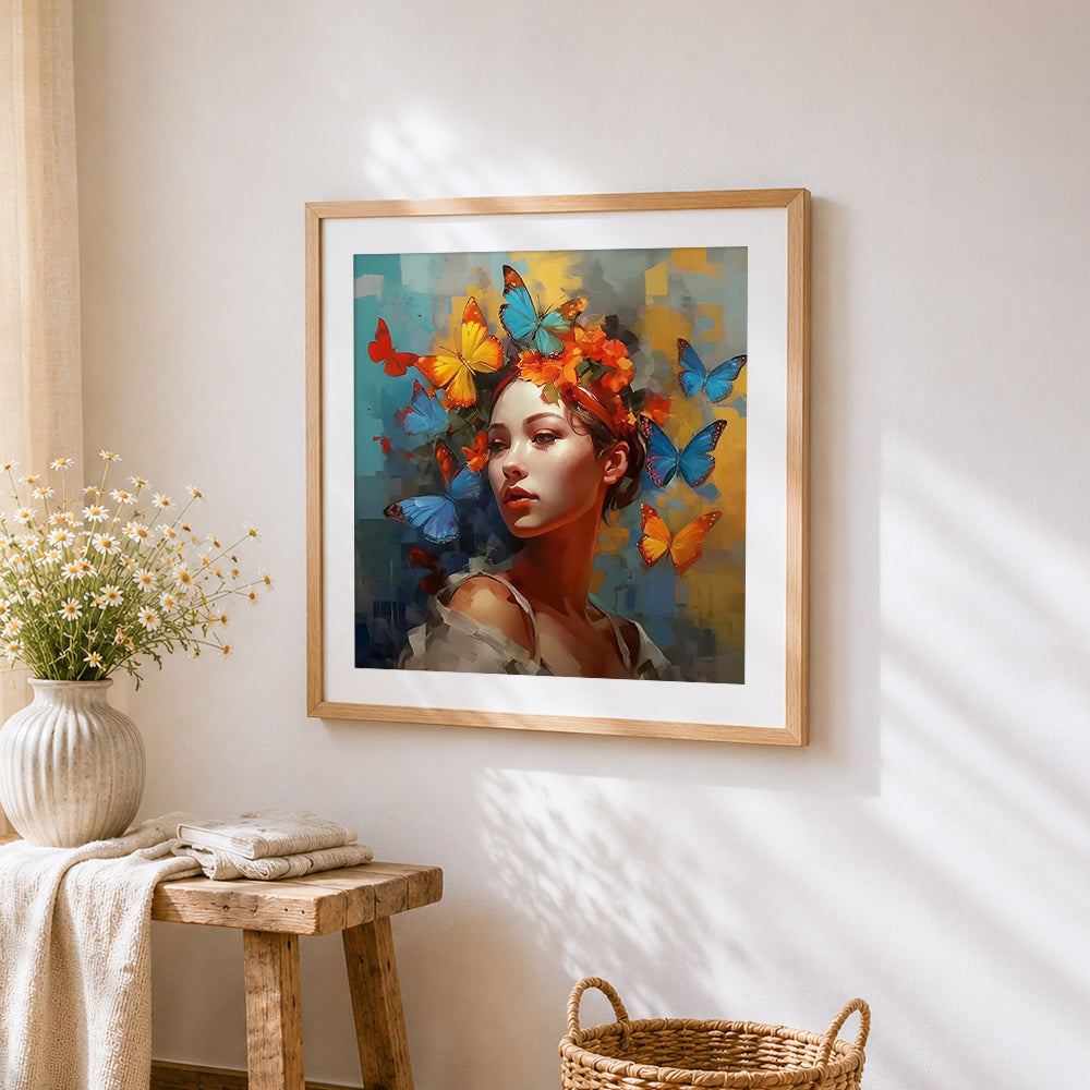 Woman with butterflies and flowers in hair cross stitch artwork displayed on wall as home decor