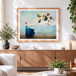 Finished woman with butterfly balloons by the sea paint by numbers artwork displayed as home decor