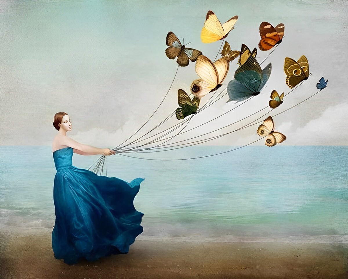 Woman with butterfly balloons by the sea paint by numbers kit for beginners