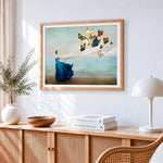 Woman with butterfly balloons by the sea paint by numbers artwork displayed on wall as home decor