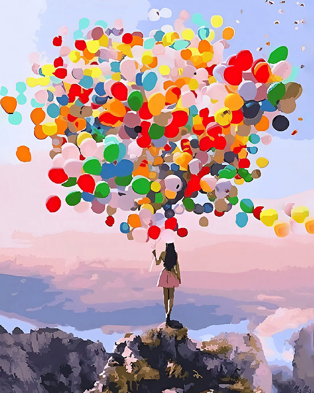 Woman with colourful balloons on a mountain cross stitch kit for beginners